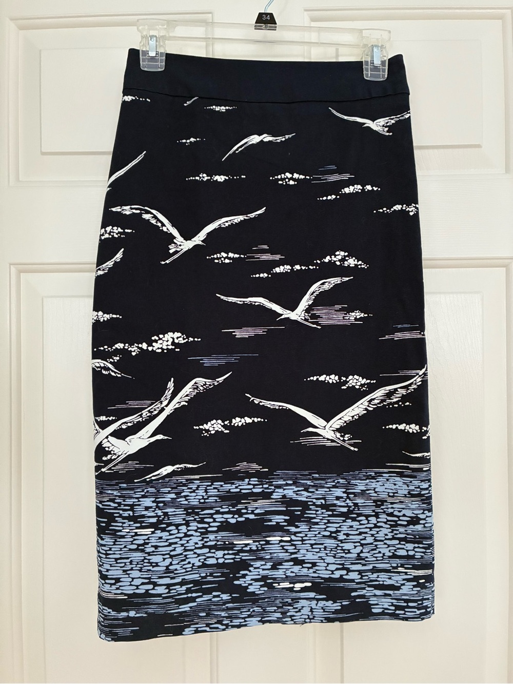 Maeve Navy Pencil Skirt with White Seagull & Blue Water Print